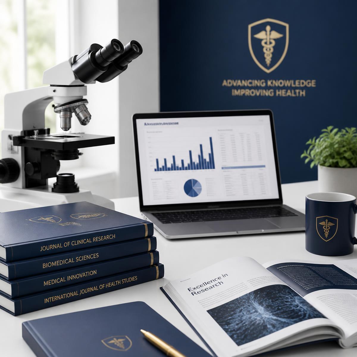 Microscope, medical research journals and statistical analysis charts on a laboratory desk